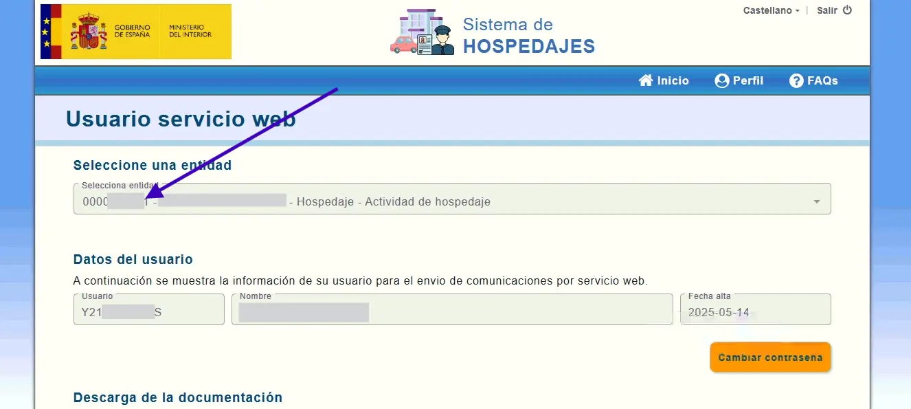 Pantalla de SES Hospedajes donde aparecen el código de arrendador y el usuario web service necesarios para conectar con Eurocheckin