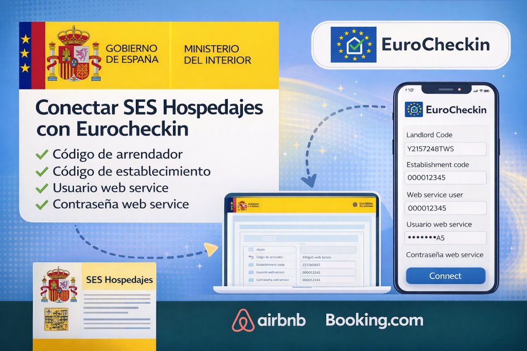 Imagen explicativa sobre cómo conectar SES Hospedajes con Eurocheckin usando código de arrendador, código de establecimiento, usuario web service y contraseña web service