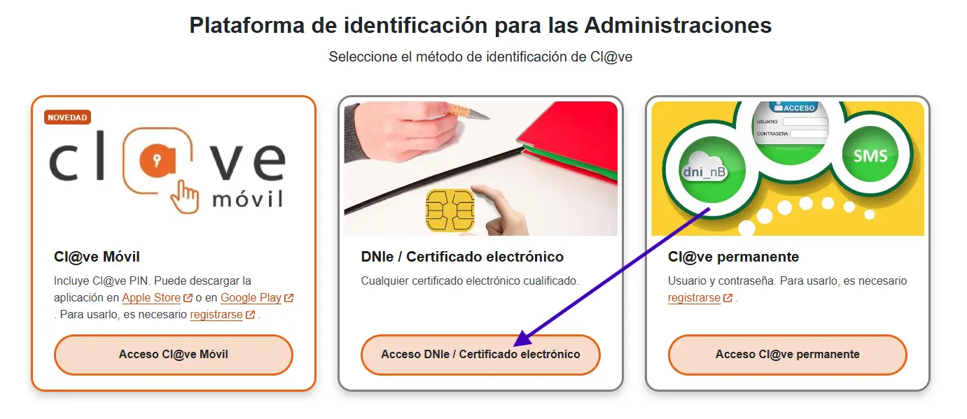 Pantalla de identificación en SES Hospedajes para acceder con certificado digital o DNI electrónico