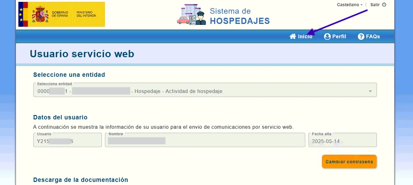 Pantalla de SES Hospedajes con la sección Mis datos registrados para consultar la información de la entidad y los establecimientos