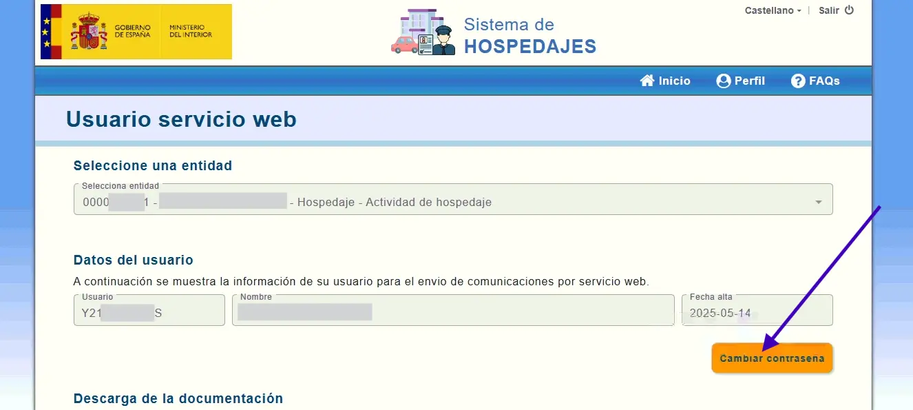 Formulario de SES Hospedajes para introducir y guardar una nueva contraseña del web service