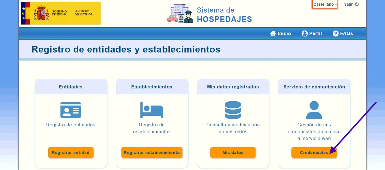 Panel principal de SES Hospedajes mostrando la opción Servicio de comunicación para acceder al área del web service