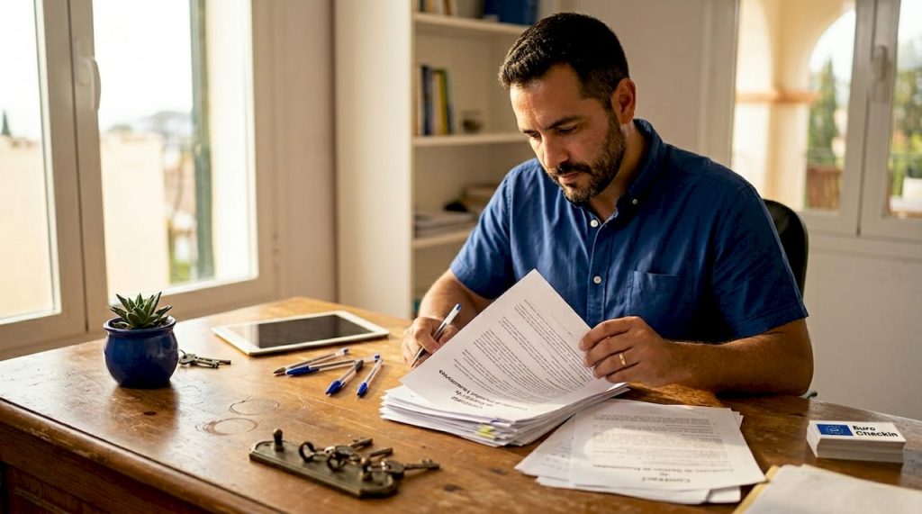Administrador revisando documentación y contratos en su oficina