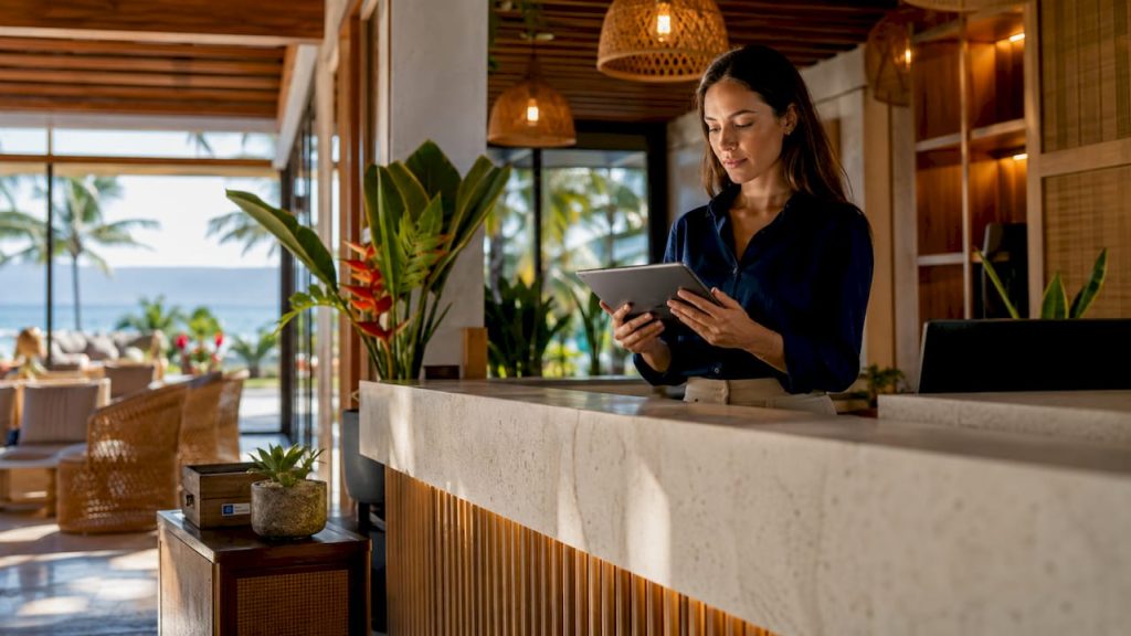 Recepcionista atendiendo a los huéspedes con una tablet en el lobby de un hotel moderno