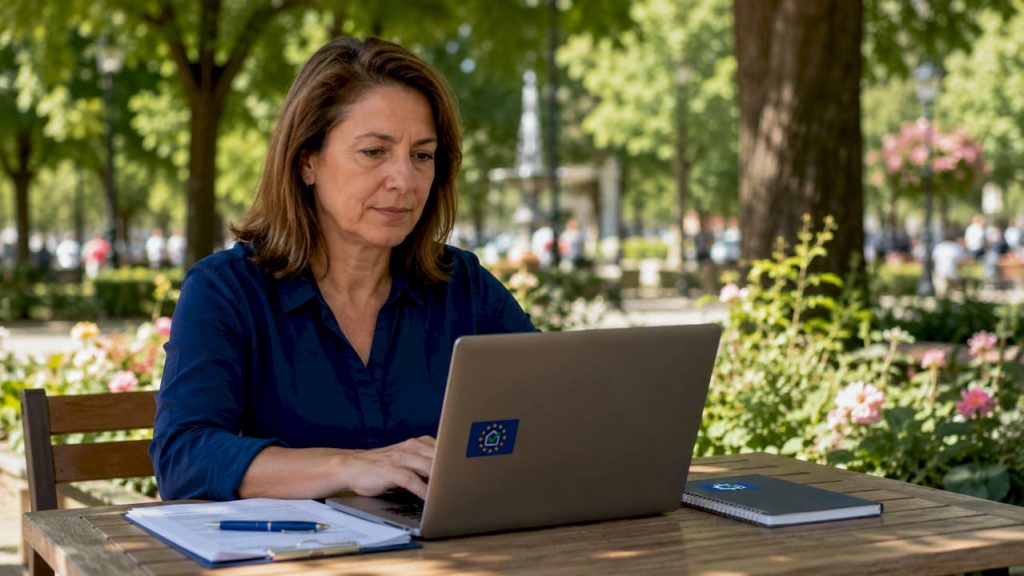 Una mujer prueba el funcionamiento de un software de registro en su escritorio.